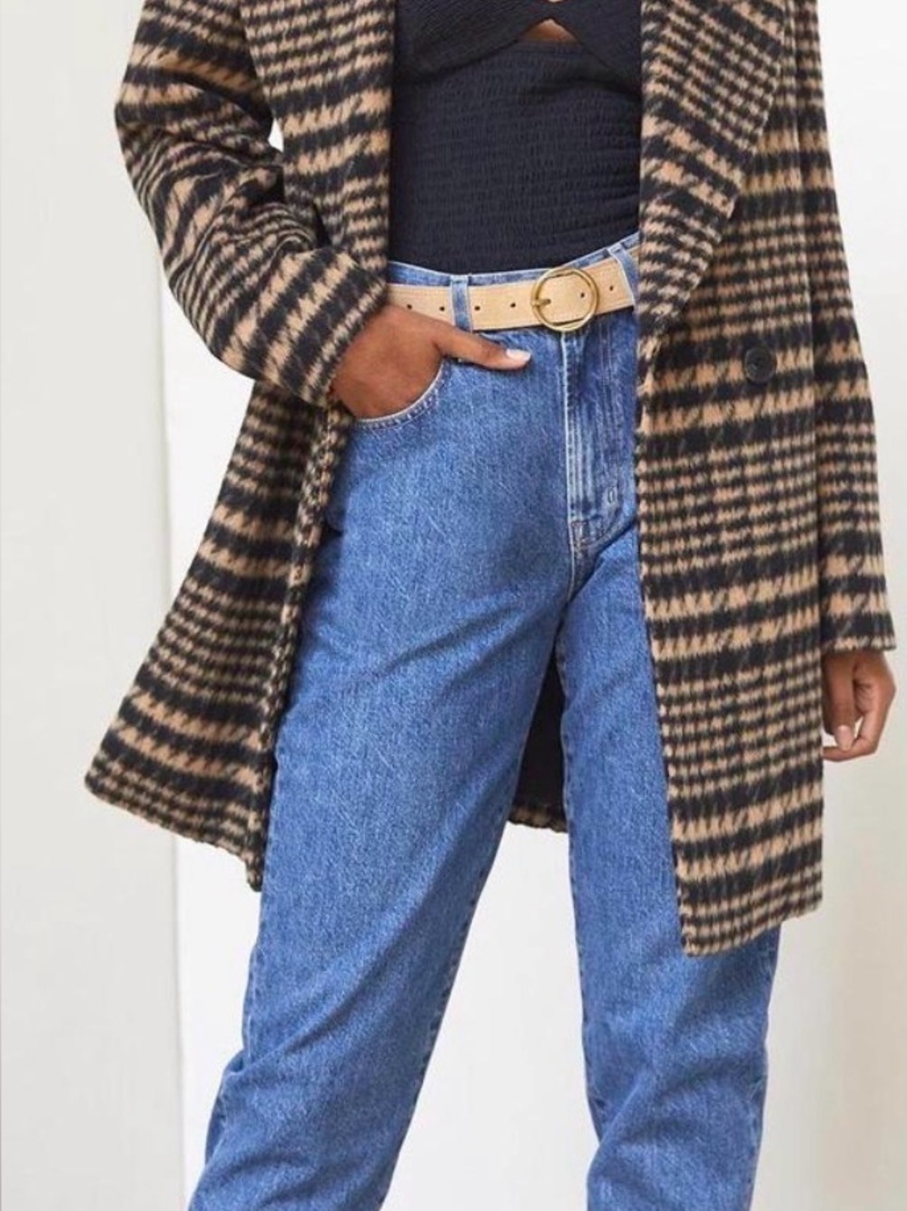 Avec Les Filles Black and Brown Plaid Double-Breasted Pea Coat Super Soft